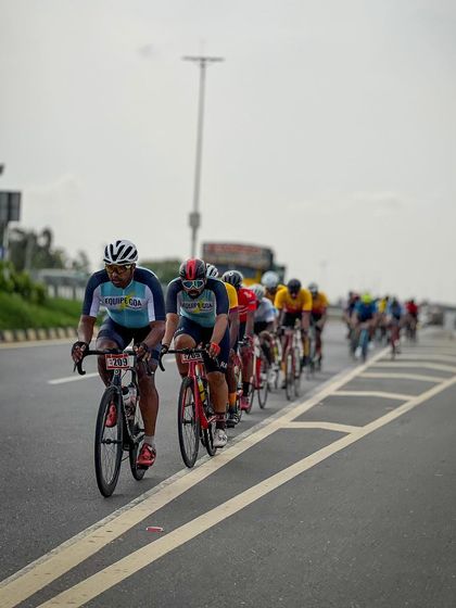 The peloton, a colorful and dynamic sight, races down the highway.
