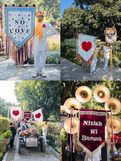 A collage showcasing the unique and fun elements of a baraat, including custom flags and a vintage car.