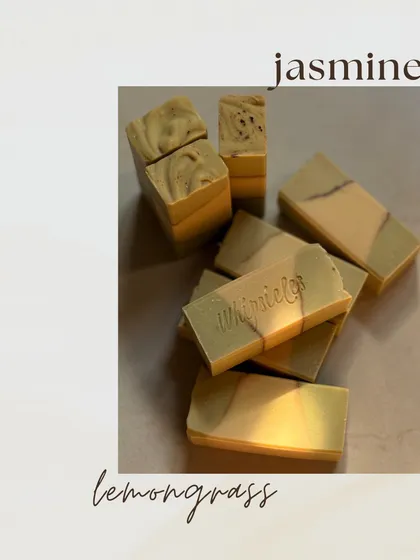 A custom Jasmine Lemongrass soap with a simple, elegant green and cream design. This shows how we can tailor our creations to match a specific theme or preference.