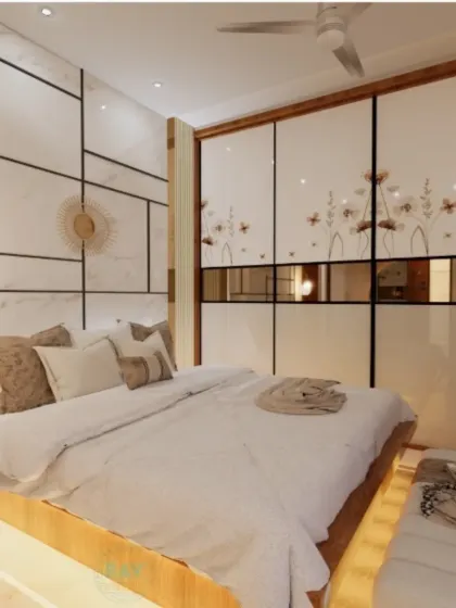 A close-up of the floating bed and the geometric accent wall, highlighting the modern and high-end feel of the space.