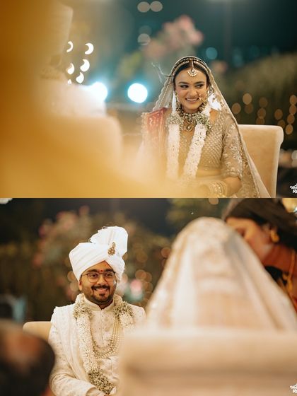 The bride and groom exchange loving glances during the wedding ceremony, a candid moment of connection.