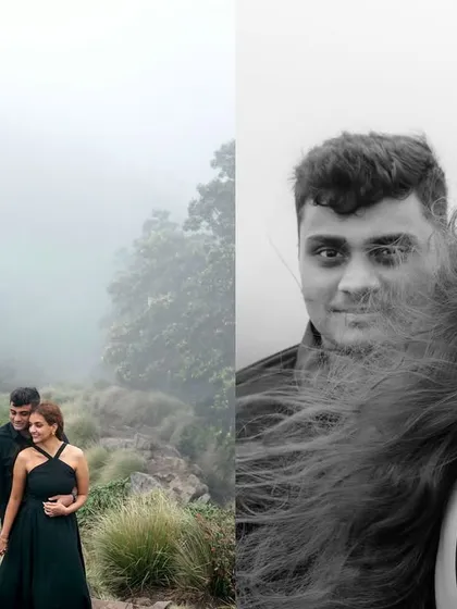A diptych showing both the vastness of the Munnar landscape and an intimate black and white close-up. This pairing illustrates our approach of capturing both the epic setting and the personal connection.