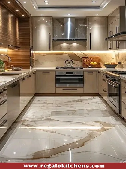 Experience the elegance of a U-shaped kitchen, designed for ultimate efficiency. This layout features stunning marble-patterned flooring and high-gloss cabinetry, with integrated appliances and under-cabinet lighting creating a bright, welcoming workspace. We craft every corner for beauty and performance.