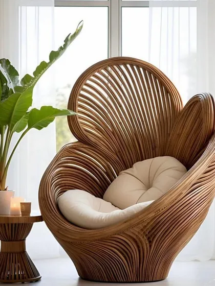 Furniture can be functional art. I designed this custom peacock-inspired chair from rattan to be a statement piece, offering a unique and comfortable corner to relax. If you can dream it, my team and I can create it.