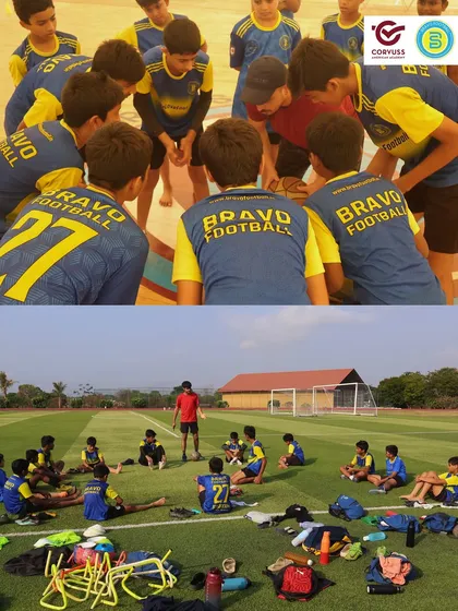 A team huddle indoors is contrasted with a tactical talk on the pitch. This shows how we build team unity and strategic understanding in different settings across the campus.