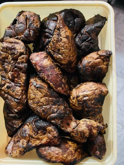 Fermented smoked beef lungs, a very traditional Naga ingredient. It has a strong, smoky flavour and a unique texture, which I love to cook into a rich curry.