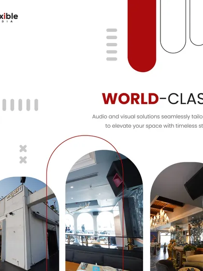 We provide world-class audio and visual solutions tailored to elevate your space. This collage shows the exterior, rooftop, and interior of MisoSexy, all featuring our seamlessly integrated AV systems.
