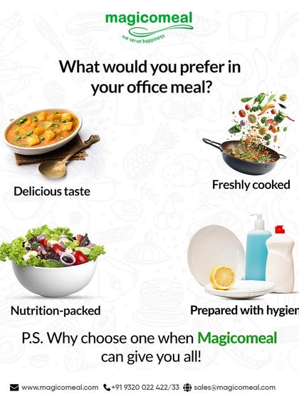 Delicious taste, freshly cooked, nutrition-packed, and prepared with hygiene. Why choose one when I can give you all? I provide a complete solution for your office meal needs.