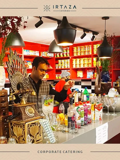 A vibrant bar setup at a corporate event. My team is ready to serve drinks, showcasing that my services can extend beyond food to complete beverage solutions for your party.