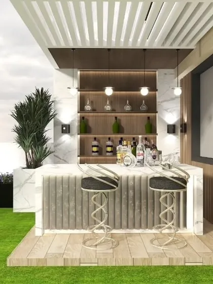 3D render of a chic outdoor bar concept for a Gurgaon terrace. The design features a marble-finish countertop, elegant bar stools, and built-in shelving with ambient lighting, perfect for entertaining guests.