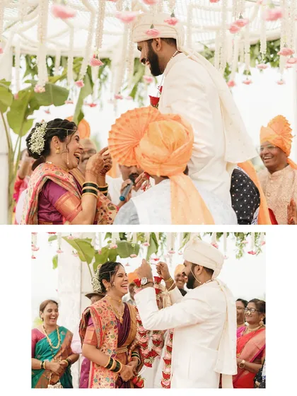 A collage capturing the fun and games of the Varmala ceremony. The bride and groom's playful competition and laughter are a highlight of the celebration.