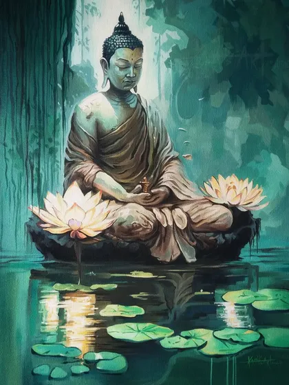 A serene depiction of Buddha in meditation, surrounded by lotus flowers. This acrylic painting focuses on creating a sense of peace and tranquility, showing a different, more contemplative side of my artistic range.