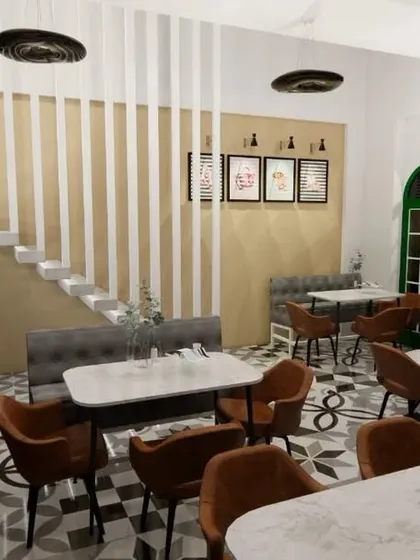 Here is a 3D visualization for a cafe design. My goal was to create a warm and inviting atmosphere with a mix of textures, including patterned tiles, wood paneling, and lush greenery. The design features varied seating options like plush booths and intimate tables to cater to different customer groups.
