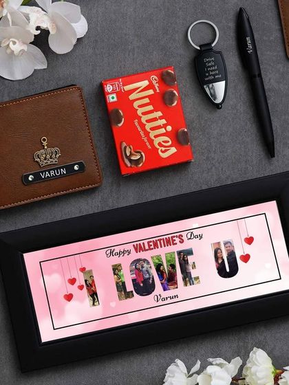 A thoughtful Valentine's combo for him, this set includes a personalized "I Love U" photo frame, a custom name wallet, an engraved pen, a special LED keychain, and his favorite chocolates.
