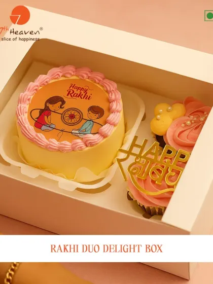 Our Rakhi Duo Delight Box is the perfect gift of love. It features a beautiful mini cake with a "Happy Rakhi" edible image and a matching cupcake.