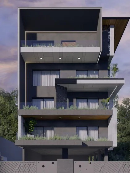 Another angle of the dark-themed facade render (ID 50), providing a clearer view of the building's form and cantilevered elements.