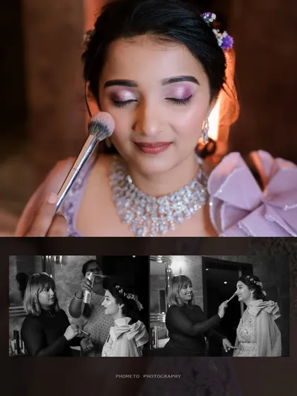 A collage showing the bride's makeup being done, a behind-the-scenes look at the preparation for the grand reception.