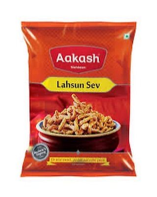 A packet of Lahsun Sev, or garlic-flavoured noodles, from Aakash Namkeen. This is a great choice if you enjoy a strong, savoury snack from Indore.