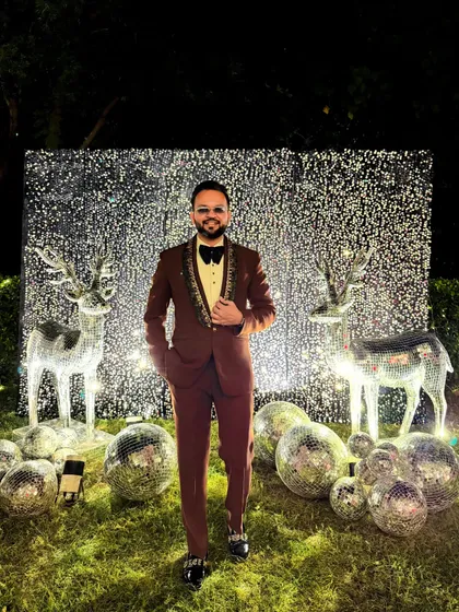 Ready to kill it at the Sangeet. The sparkling decor with disco balls and deer statues created a magical winter wonderland theme.