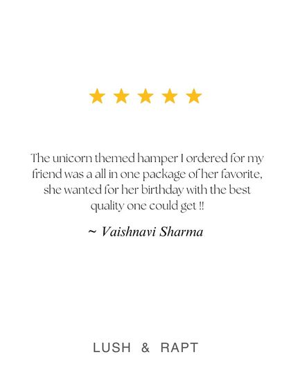 "The unicorn themed hamper I ordered... was a all in one package of her favorite." This testimonial highlights how my themed hampers cater to specific interests and deliver joy.