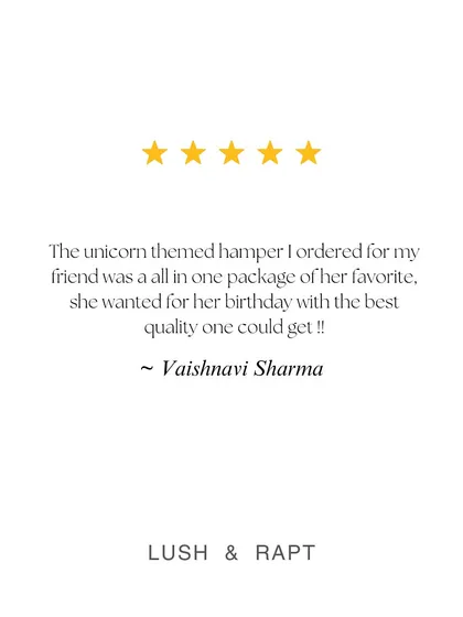 "The unicorn themed hamper I ordered... was a all in one package of her favorite." This testimonial highlights how my themed hampers cater to specific interests and deliver joy.