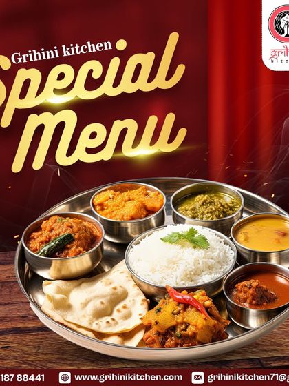 A look at our special menu thali, offering a complete meal with multiple curries, rice, and roti. There's always something new to try.