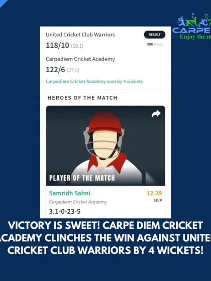 Victory is sweet. A 4-wicket win against United Cricket Club Warriors, with Samridh Sahni's 5-wicket haul making him the hero of the match.