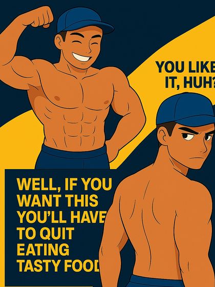 "Well, if you want this, you'll have to quit eating tasty food." The third panel highlights the myth that getting fit means eating bland food.