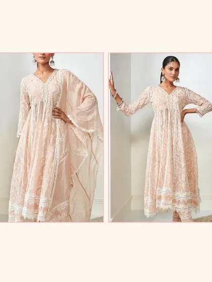 Two views of the Twyla Organza Beige Kurta Set. This anarkali style kurta is so flattering and easy to wear.