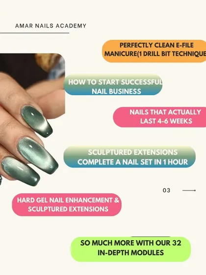 My in-depth modules cover everything a nail tech needs to know. Learn how to do a perfectly clean e-file manicure, create long-lasting sculptured extensions, and build a successful nail business.