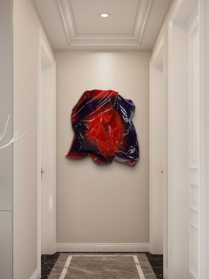 A mockup showing the red and blue piece installed in a hallway, where it would serve as a dramatic and colorful focal point.