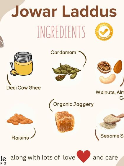 For my Jowar Laddus, I stick to simple, powerful ingredients. The base is jowar (sorghum) flour, blended with desi ghee, organic jaggery, nuts, raisins, and sesame seeds. Each ingredient is chosen for its flavor and health properties.