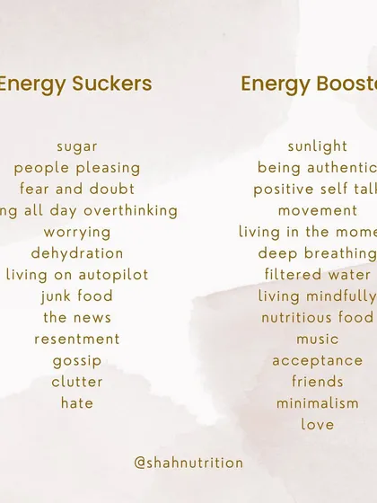 Energy Suckers vs. Energy Boosters. Your life is a reflection of your choices. This list shows the simple swaps you can make to move from a life of energy-sucking habits to one filled with energy-boosting activities. Choose wisely.
