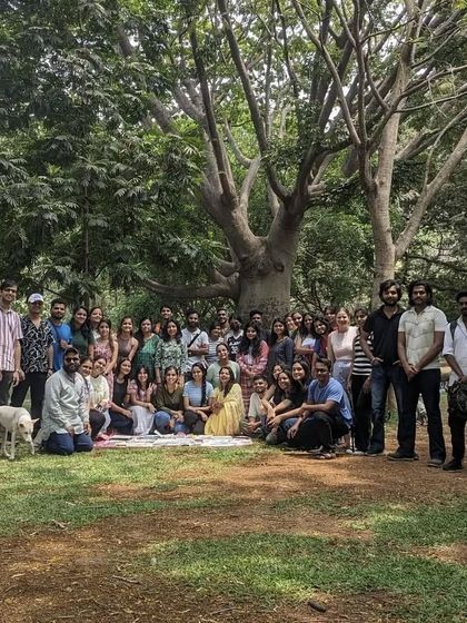 The whole group of artists who gathered for the 48th meetup of Cubbon Paints, with Ringo the dog joining us.