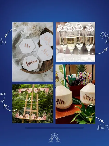 This graphic showcases some of our most popular personalization options. We can create custom coasters, welcome boards, glassware, straws, and even heat-stamped fruit to make your event one-of-a-kind.
