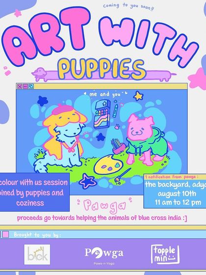 We're collaborating with Chennai-based artist Topplemin for a special adult coloring workshop with puppies at Backyard, Adyar.