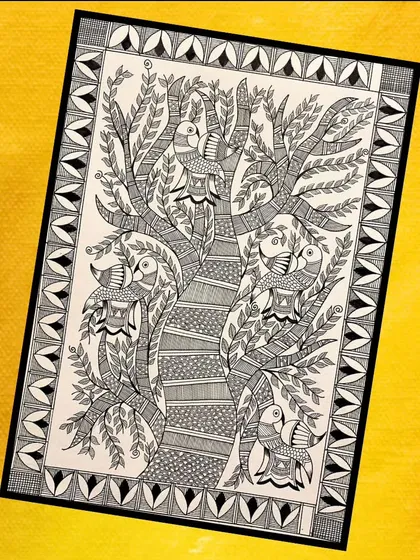 This black and white Madhubani painting by Urvi Jain is a beautiful example of the 'Kachni' style. The artwork depicts the tree of life, filled with birds, using only intricate line work to create texture and depth.