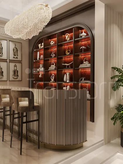 Another view of the bar, showing how the addition of a large plant brings life and a natural element to the refined space. This balance is key to my design philosophy.