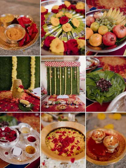 A grid collage showcasing the beautiful details and decor of a traditional Haldi ceremony.