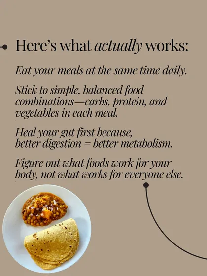 What actually works is eating at the same time daily, sticking to simple food combinations, healing your gut, and figuring out what foods work for your unique body.