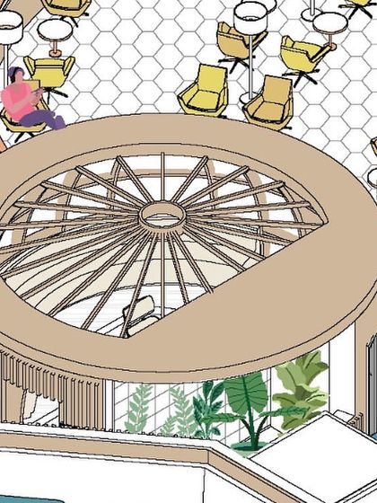 An axonometric drawing showing a 'day hotel' concept and reading pods within the 080 Lounge. We use these illustrations to explore and present innovative concepts for airport hospitality.