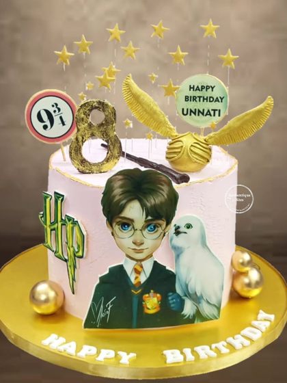 A classic Harry Potter cake featuring a cute illustration of Harry and Hedwig, the golden snitch, and the Platform 9¾ sign.