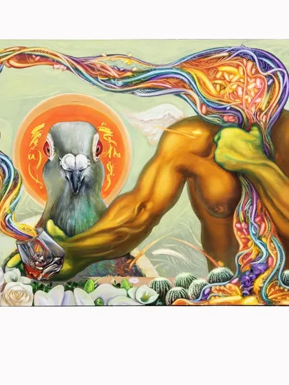 Titled "The Cup of Peace," this 36x60 inch oil on canvas from 2023 is a surrealist piece. It blends a human figure with a pigeon, a universal symbol of peace, to explore our inner quest for harmony.