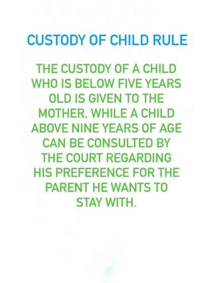 This infographic explains a general rule in custody cases. Custody of a child below five years is often given to the mother, while older children may be consulted by the court about their preference.
