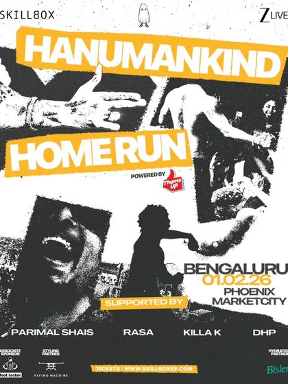 The official poster for the Hanumankind Home Run tour in Bengaluru. Our poster designs are gritty, energetic, and perfectly aligned with the artist's brand and the hip-hop aesthetic.