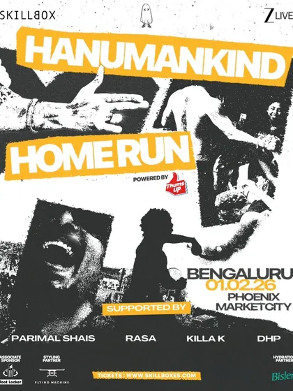The official poster for the Hanumankind Home Run tour in Bengaluru, featuring a gritty, high-energy design.