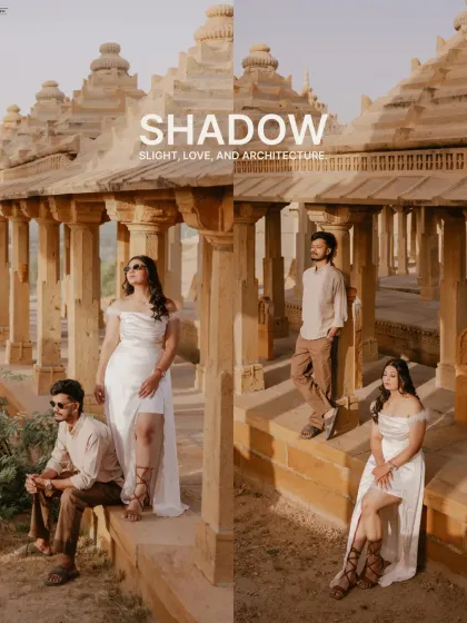 This multi-panel image showcases the interplay of light, love, and architecture in Jaisalmer. We captured Prince and Khushi in different poses to highlight their style and the unique beauty of the location.