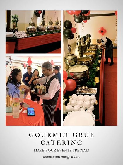 An elegant buffet for 50 guests, complete with red and black balloon decor to match the party's theme.
