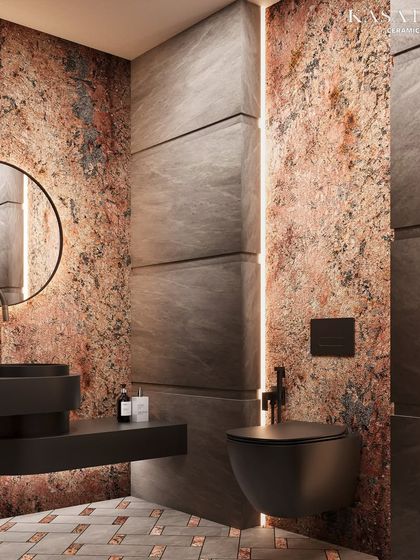 A wider view of the Red Ruptura stone bathroom, showcasing the interplay of textures and light. The raw, earthy feel of the stone wall is balanced by the clean lines of the modern fixtures and the structured paneling. The vertical LED strip lighting accentuates the depth of the wall panels, adding to the room's dramatic effect.