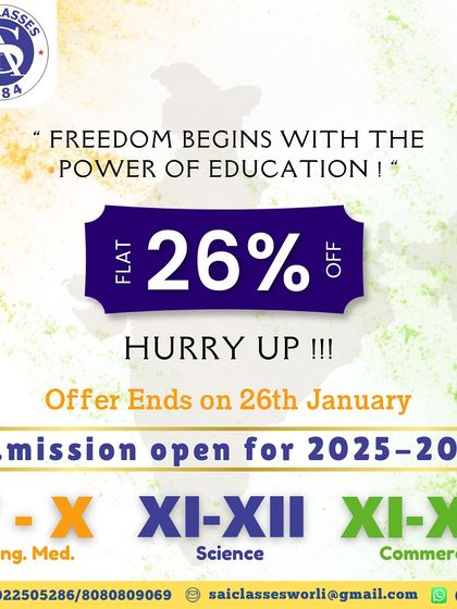 Our special Republic Day offer, providing a flat 26% discount on academic fees. We believe in making quality education accessible and periodically provide offers to support our students.